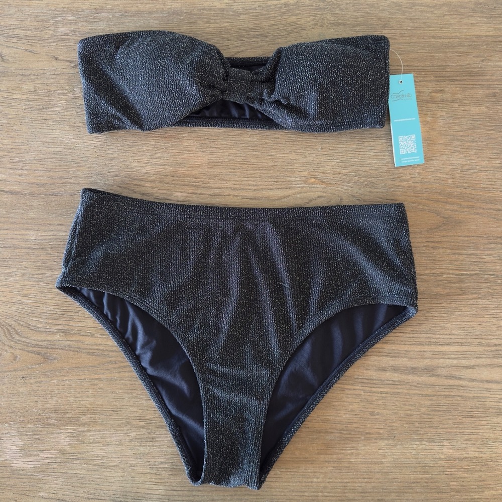 CorpoBonito By Andreia Black‎ Lurex Bikini-Strapless Top & High Waist Brief-$90